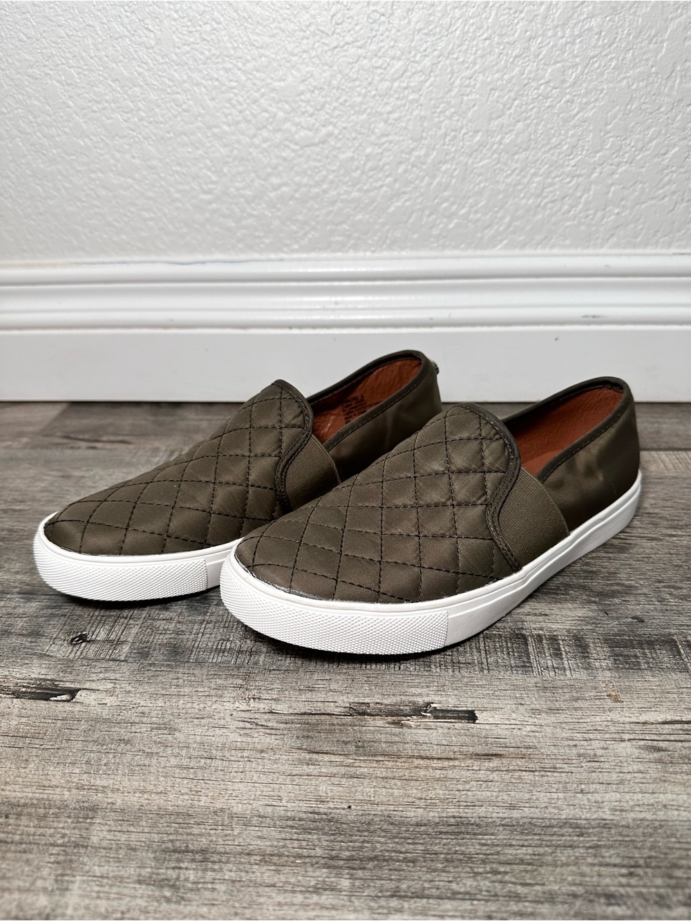 Steve Madden Quilted Slip-On Flats in Olive Green with White Sole